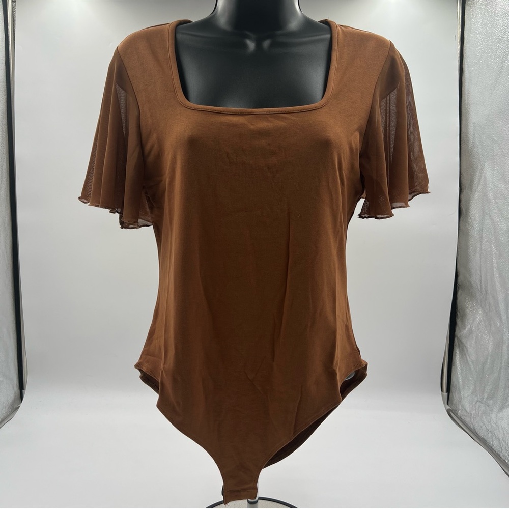 Mangopop Coffee knit square neck bodysuit SZ L. Ruffle flutter Sheer‎ sleeves